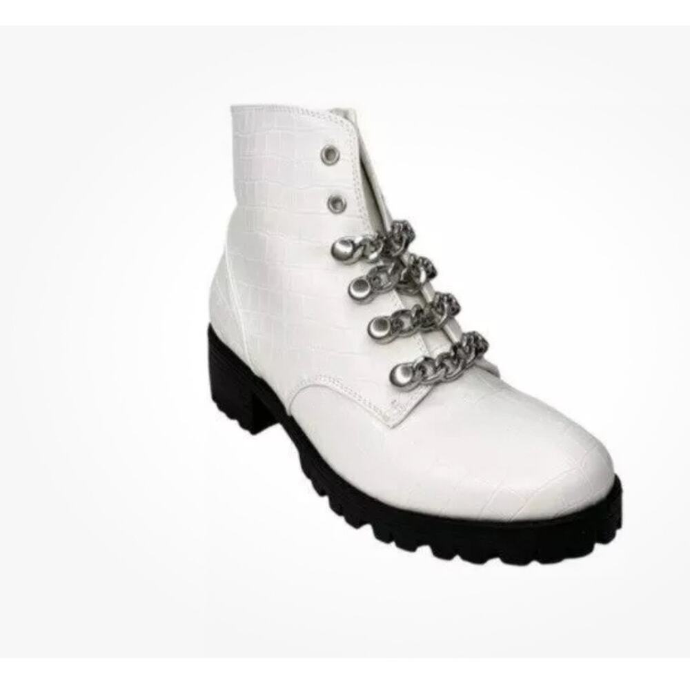 Sugar Obvi Combat Boots White/Cream Croco Size 7.5 chain top detailing side zip